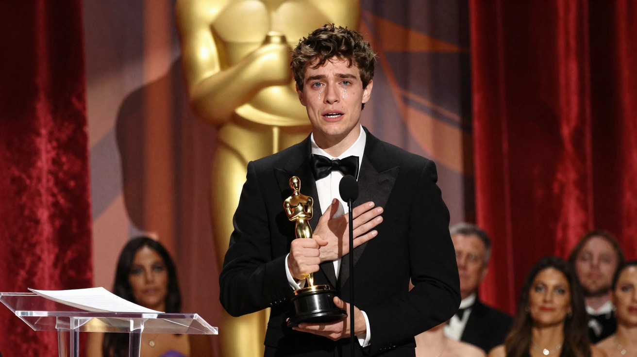 Homem de fato preto segura estatueta do Oscar e faz discurso emocionado em cerimónia.