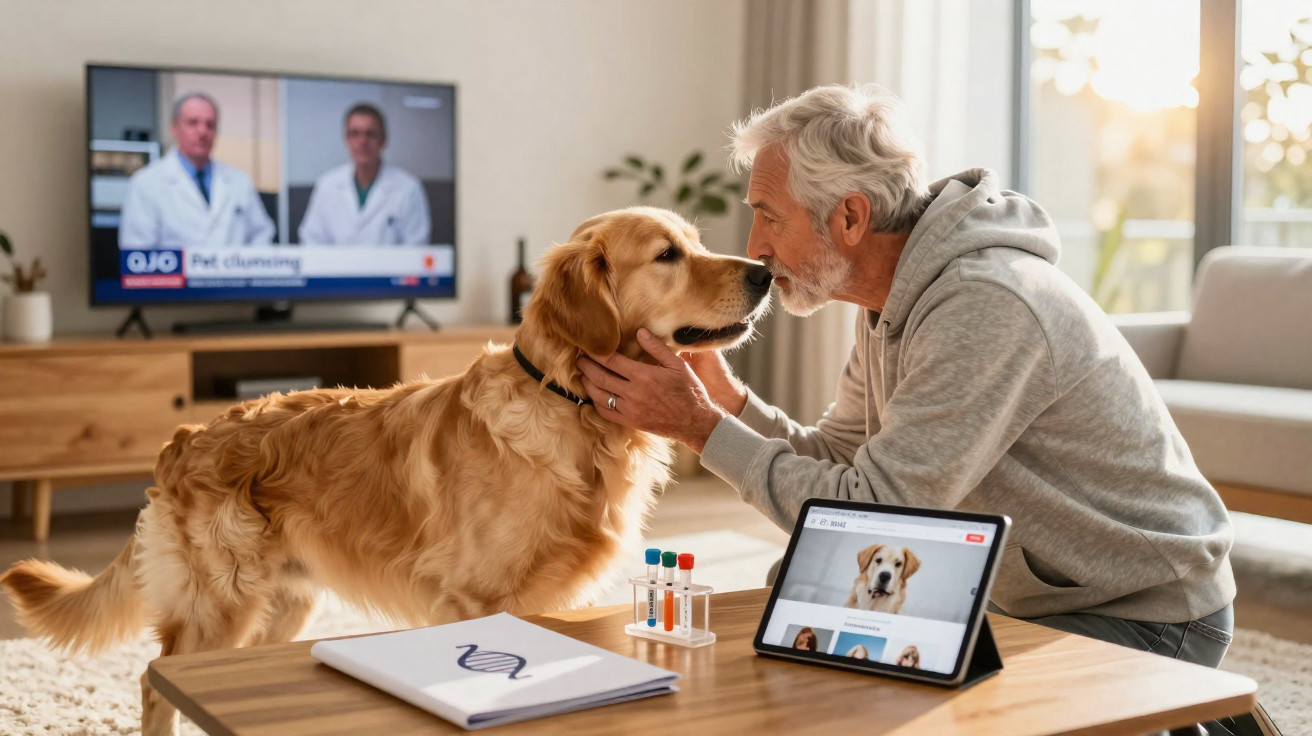 Homem idoso afaga cão golden retriever enquanto consulta teleconsulta veterinária na sala de estar moderna.
