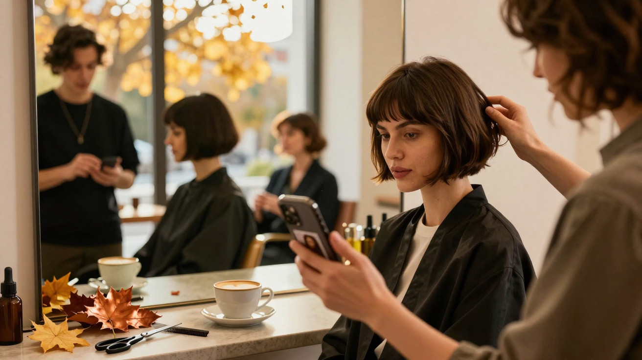 Mulher com cabelo curto sentado no salão de cabeleireiro a olhar para telemóvel enquanto penteiam o cabelo.