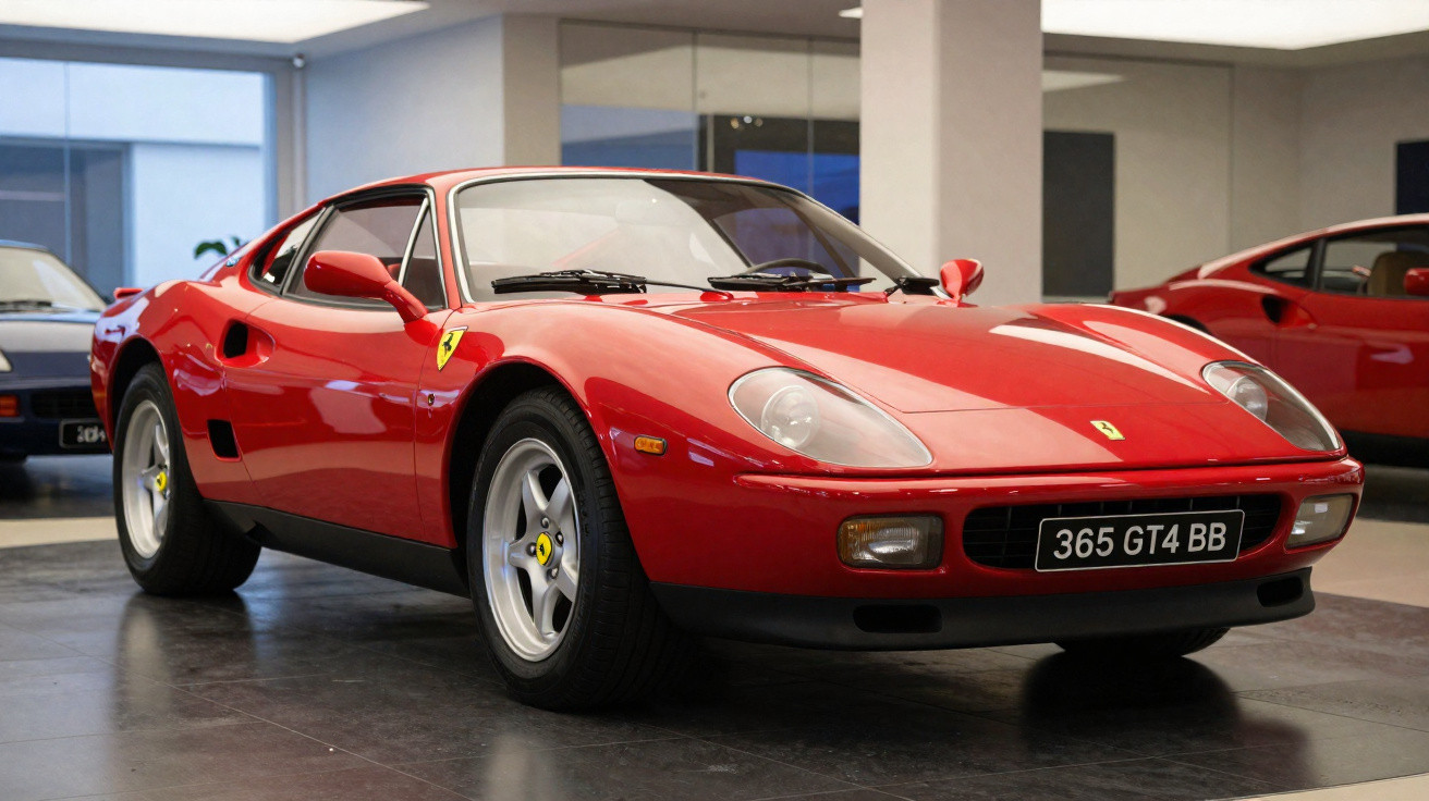 Carro desportivo vermelho Ferrari 365 GT4 BB estacionado em interior com chão preto brilhante.