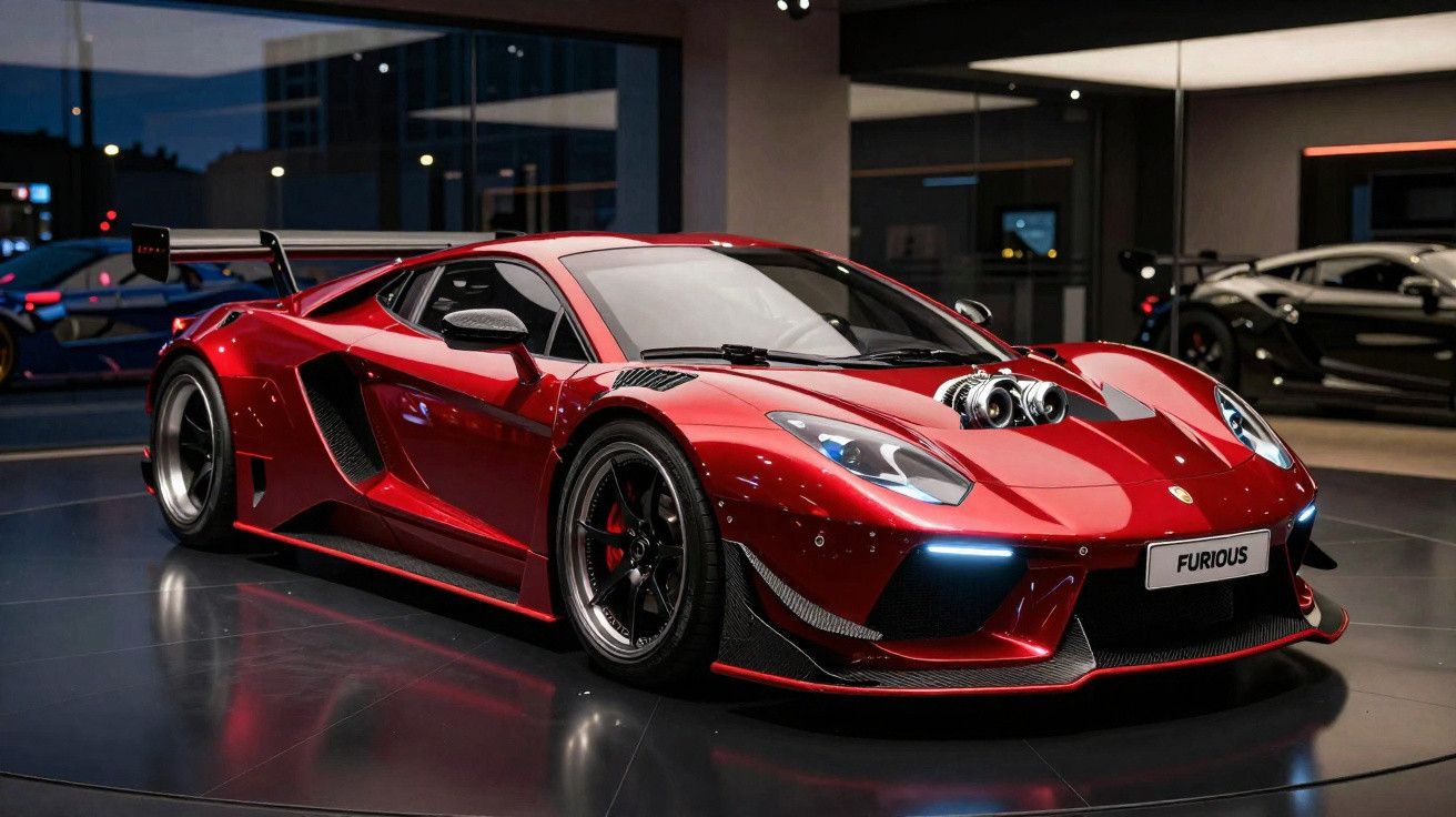 Carro desportivo vermelho metálico estacionado em piso escuro dentro de showroom moderno.