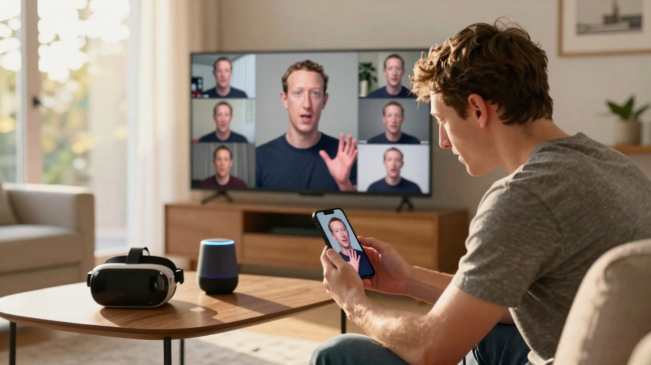 Homem sentado a segurar telemóvel durante videochamada, com imagem idêntica na televisão e fones de realidade virtual na mesa