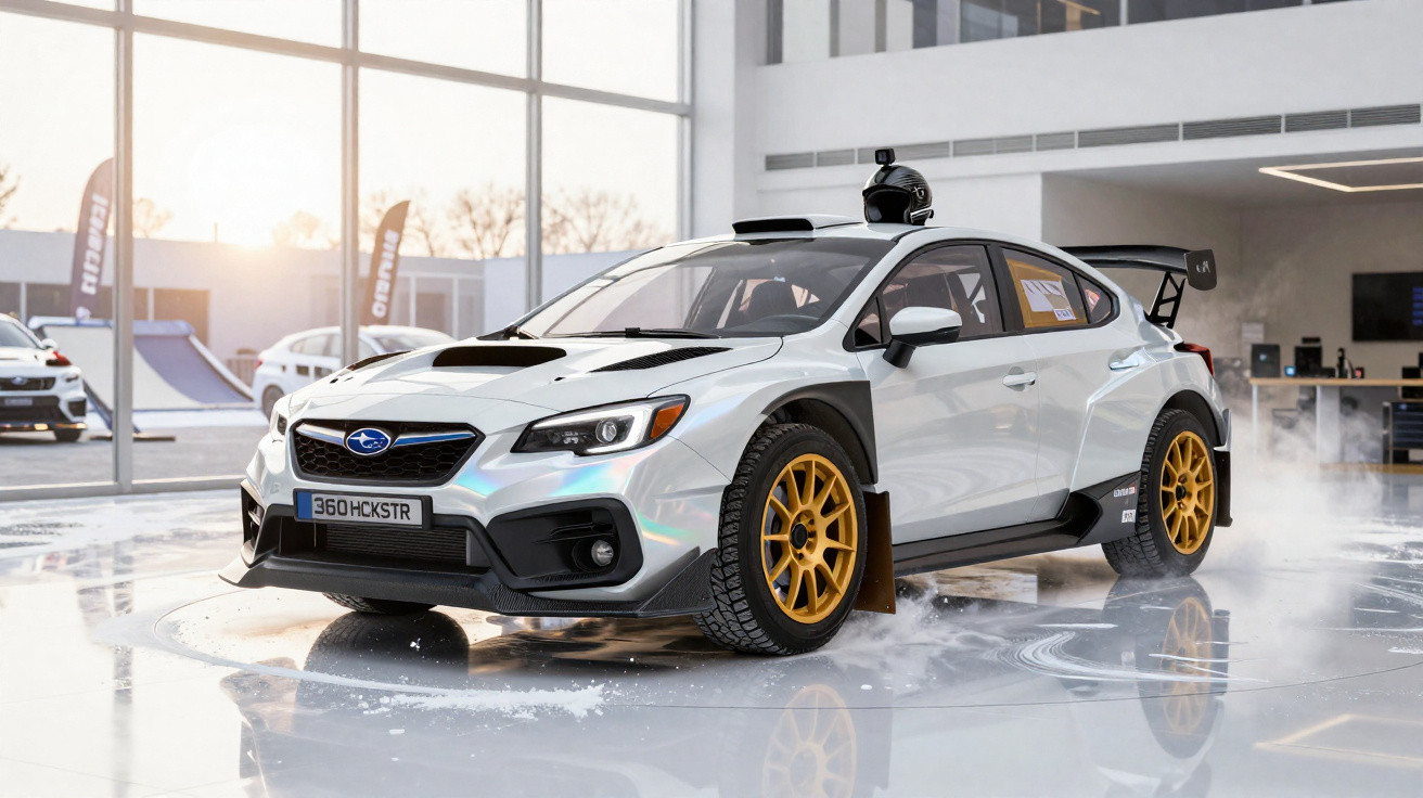 Carro de rally branco com jantes douradas exposto em salão moderno com chão brilhante.