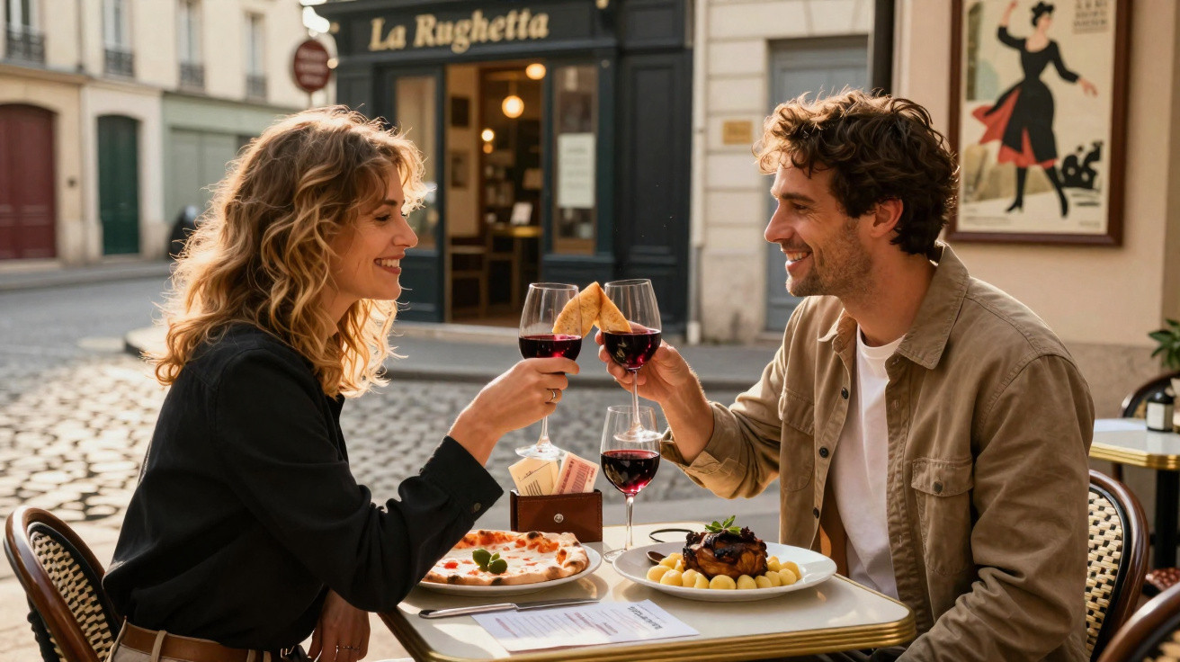 Casal a brindar com copos de vinho tinto num café ao ar livre numa rua de paralelepípedos.