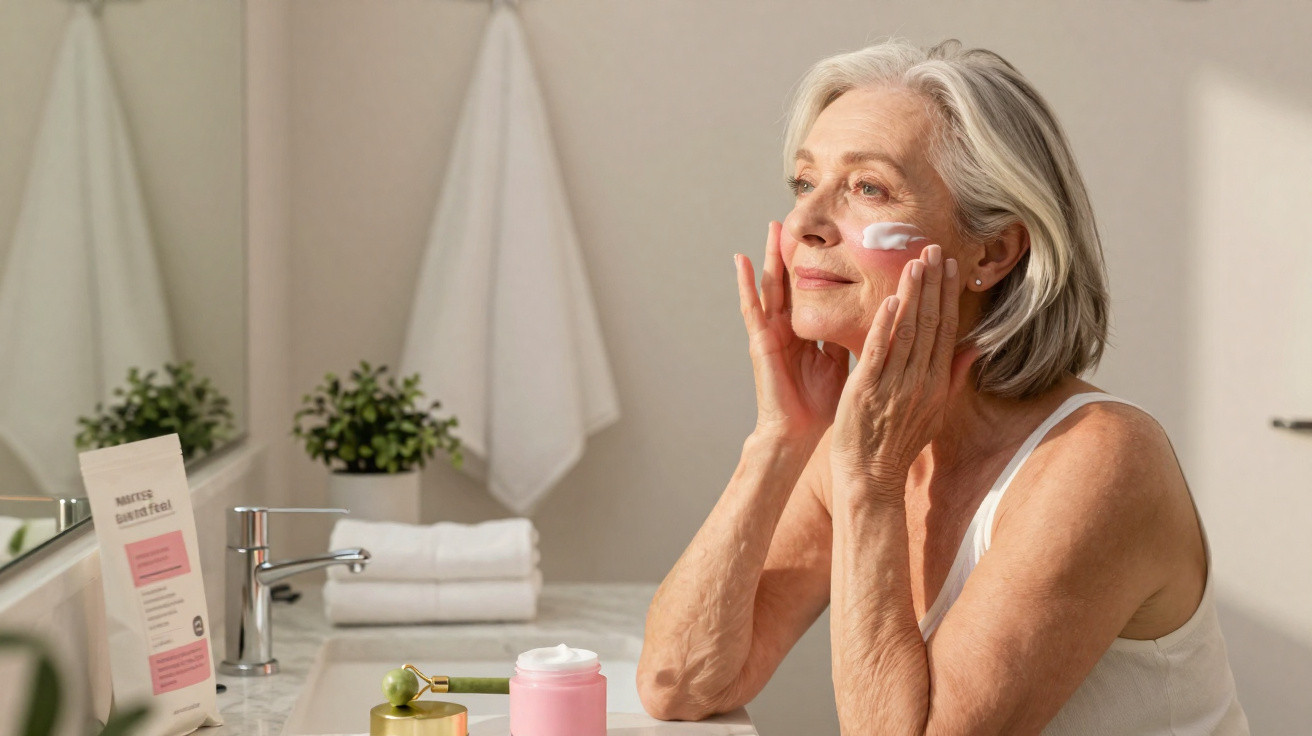 Mulher idosa aplica creme facial num banheiro luminoso com toalhas e plantas ao fundo.